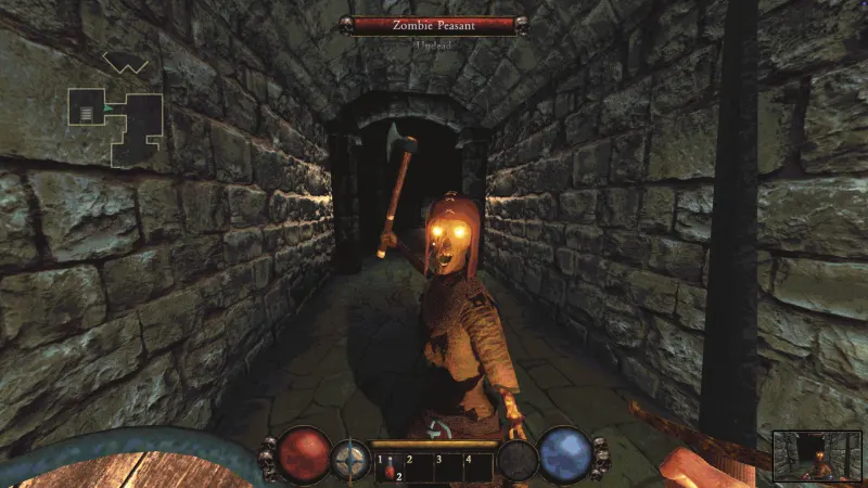 First-person dungeon view with lantern and weapon