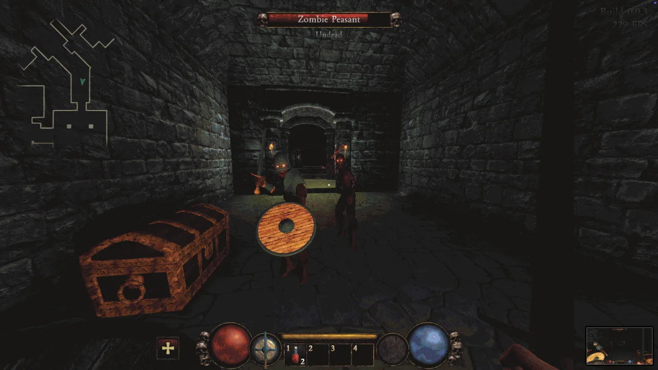 A first-person view down a stone corridor, with a chest and enemies ahead.