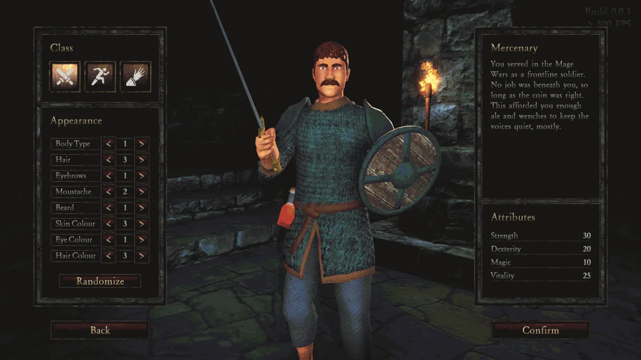 Heathen character creation screen with a sword and shield
